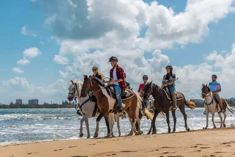 Riders on horseback along a tropical beach at Carabalí Rainforest Park, beach horseback riding Puerto Rico near Luquillo with ocean views
